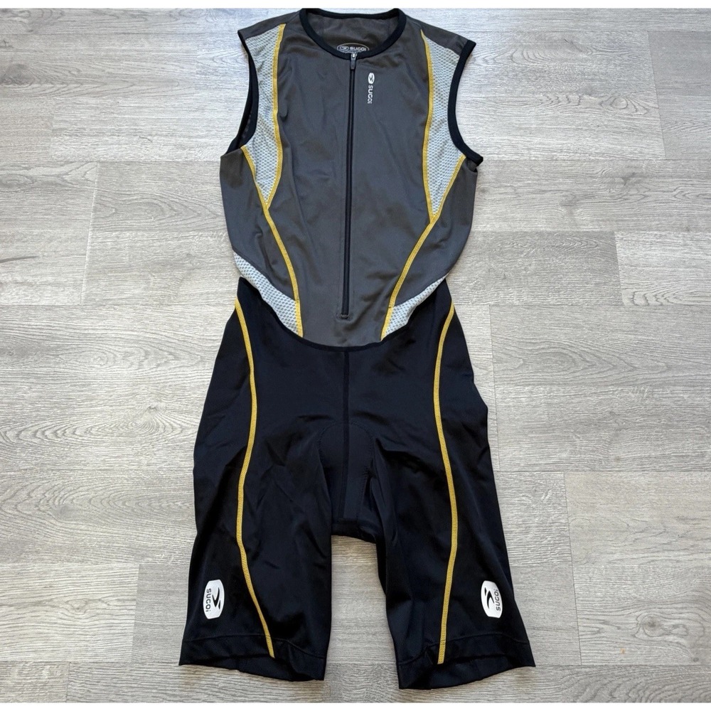 Sugoi Pro Fit Triathlon Suit Mens M Gray Black Padded Cycling Skinsuit Race